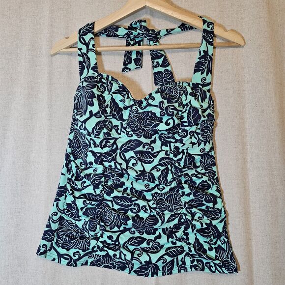 Lands' End Women’s Tankini Top Aqua Mint Green With Navy Blue Floral Slimming 6 - Picture 1 of 8